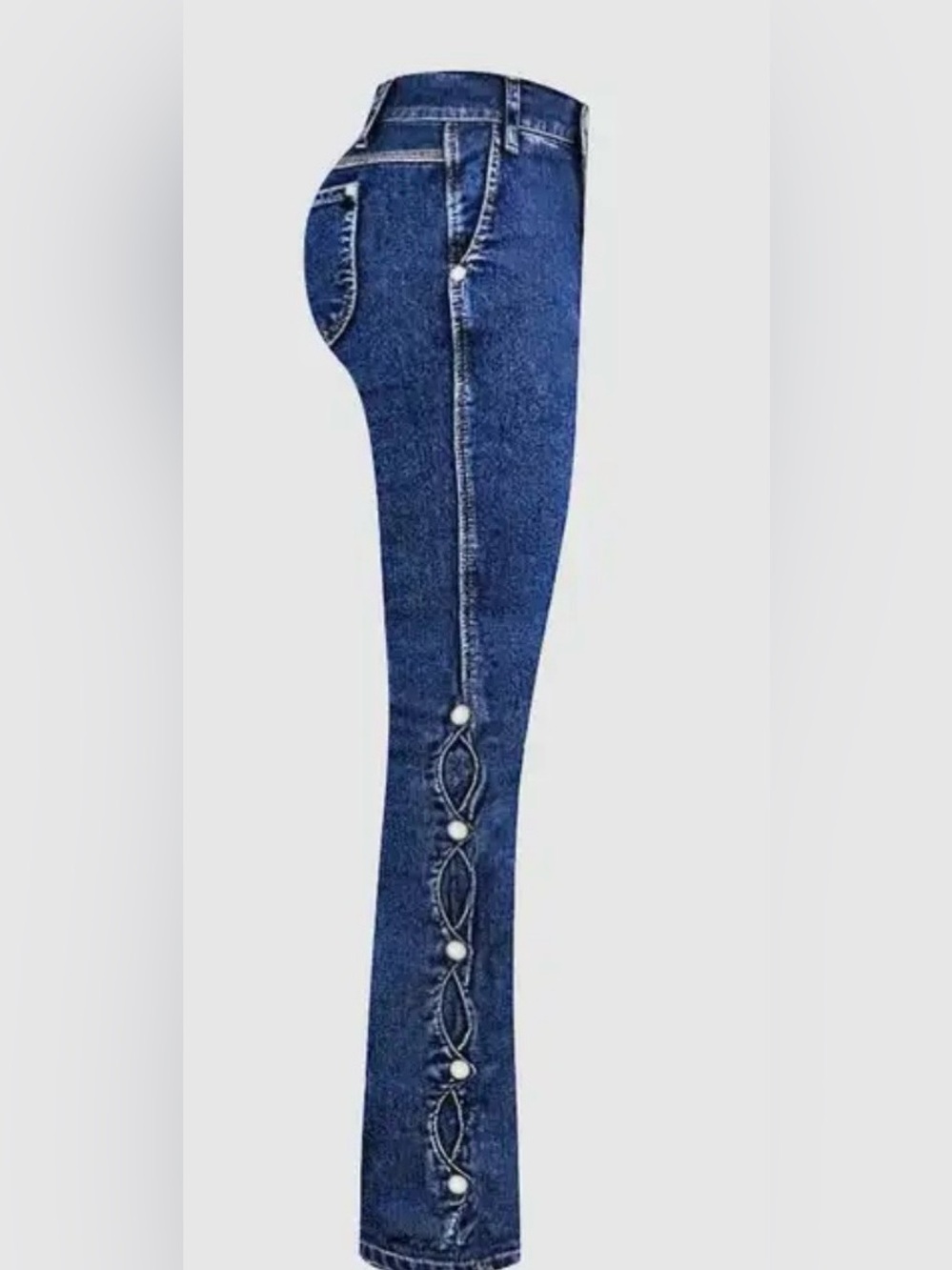 Classic Dark Blue High-Rise Women’s Jeans with Side Button Detail - Picture 5 of 11